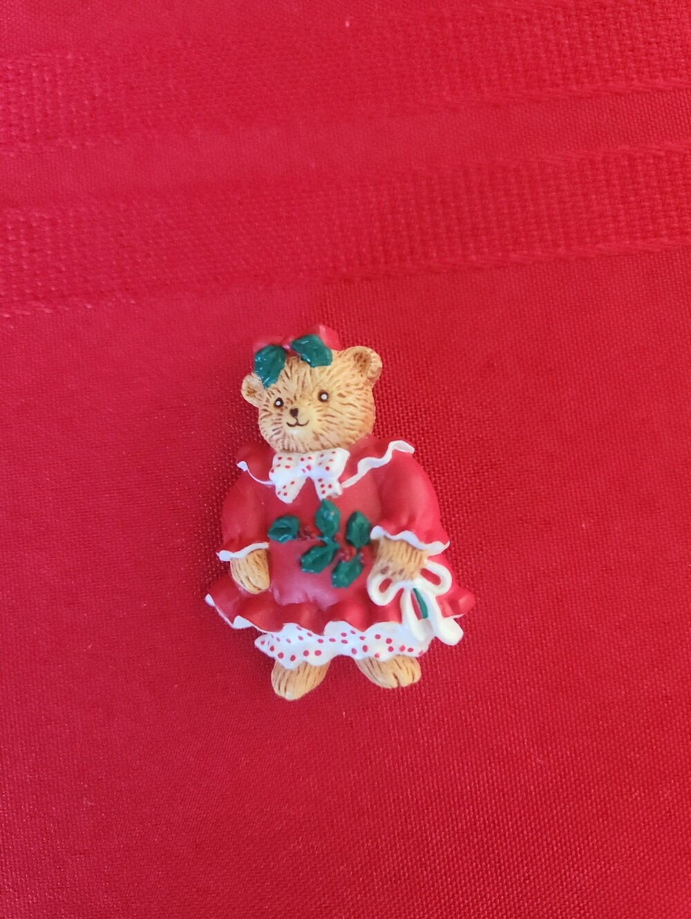 Holiday pin Red Bear Dress Figurine with Green Accents